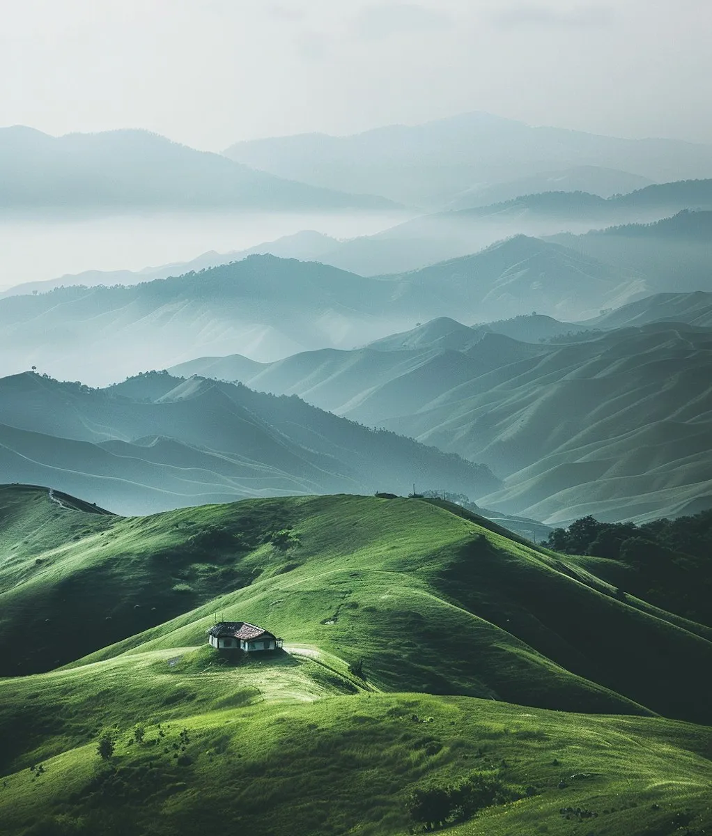 Misty green hills rolling into the distance with a single small house on a grassy slope