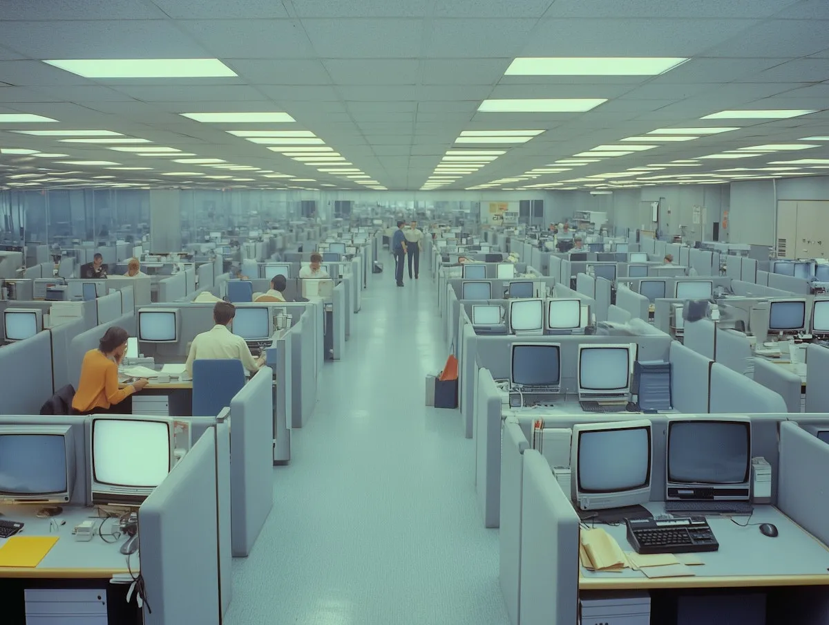 A large retro open-plan office with rows of grey cubicles and boxy CRT monitors under fluorescent ceiling lights