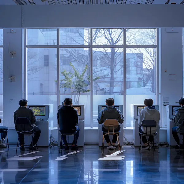 A row of people seen from behind sit facing screens below tall windows and bare trees.