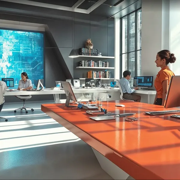 Sunlit open-plan office where people work at desks beneath a large wall screen of code