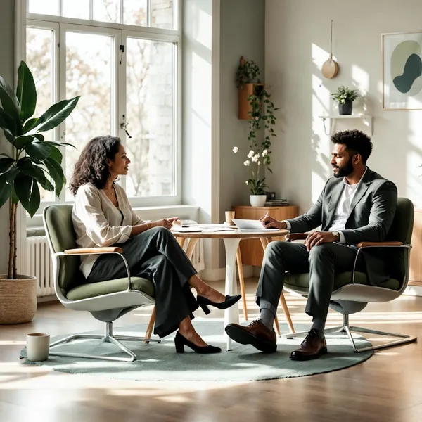 A woman and a man in green armchairs talk across a small round table in a sunlit room with plants.
