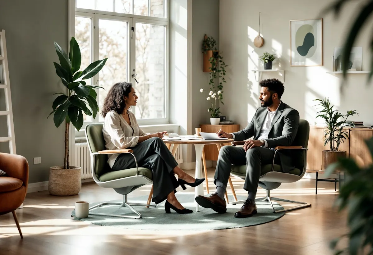 A man and a woman talk in green armchairs at a small round table in a bright room