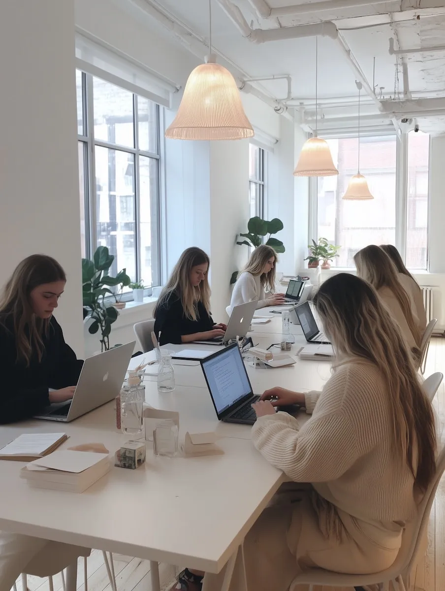 Several young women work on laptops at a long white table under bell-shaped pendant lamps in a bright loft office