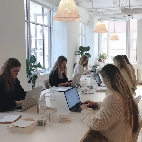 Several women work on laptops along a long white table in a bright loft with bell-shaped pendant lamps.