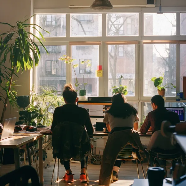 Three people seen from behind work at computers in a sunlit studio with tall windows and potted plants.