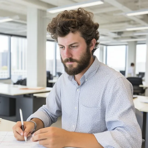 A bearded man in a light blue shirt writes with a pen on papers at a desk in an open office