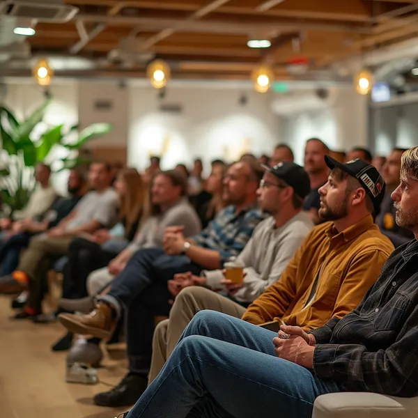 A seated audience of casually dressed people listens attentively in a warm room with exposed beams and hanging lights